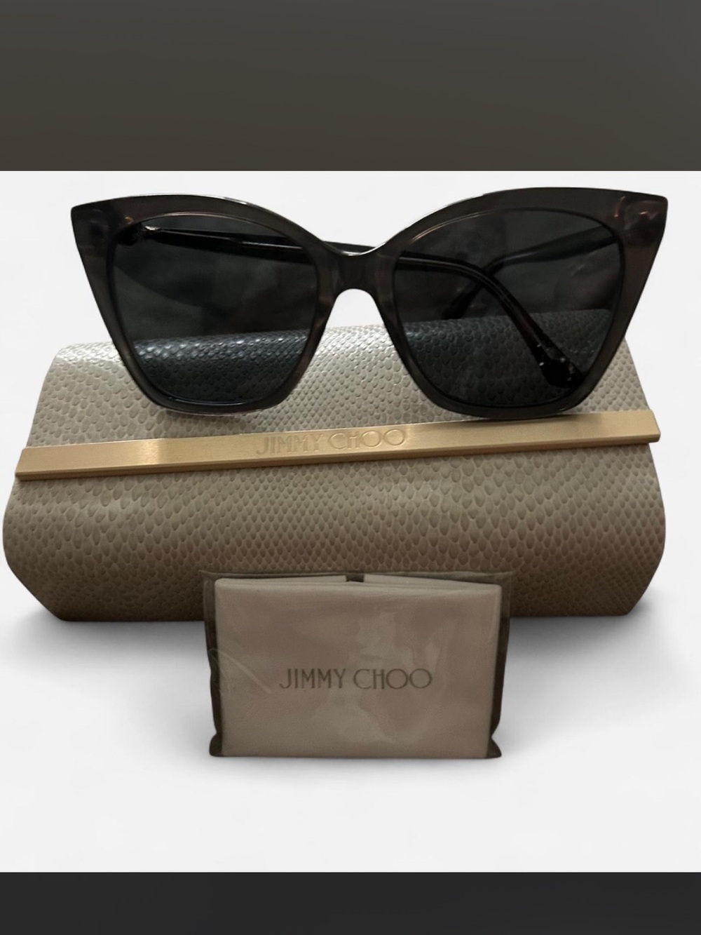 Jimmy Choo Black Cat-Eye Sunglasses with Taupe Gold-Trim Case
